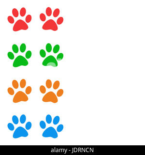 Bunten Pfotenabdrücke tierischen auf weißem Hintergrund mit Textfreiraum. Raster-Grafik Stockfoto