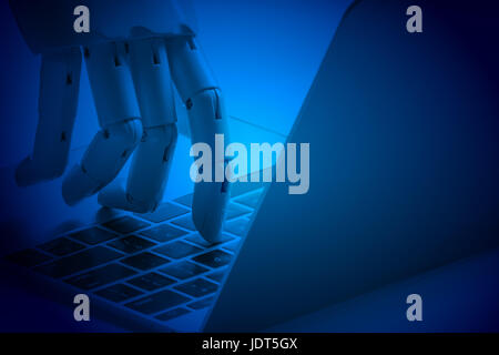Chat Bot, künstliche Intelligenz, Robo-Berater, Roboter-Konzept. Roboter Finger zeigen Laptop-Taste. Blauton. Stockfoto