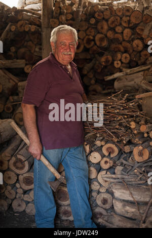 Älterer Mann Holzhacken in Schuppen Stockfoto