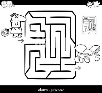 Schwarz / Weiß Cartoon Illustration der Bildung Irrgarten oder Labyrinth-Spiel für Kinder mit Mann mit Korb und Pilze Malvorlagen Stock Vektor