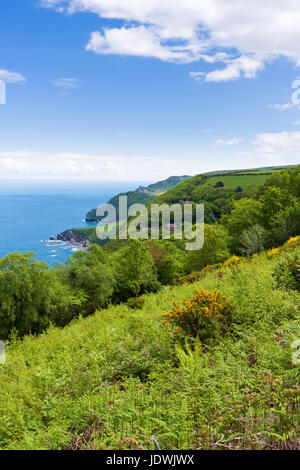 Blick auf Woody Bay und den Bristolkanal, Exmoor National Park, Nord-Devon, England. Stockfoto
