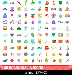 100 Skandinavien Icons Set, Cartoon-Stil Stock Vektor