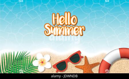 Hallo Sommerurlaub Hintergrund. Blick von oben auf die Blume, Rettungsring und Blatt auf der Wasseroberfläche. Jahreszeit Urlaub, Wochenende. Vector Illustration. Stock Vektor