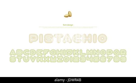 Pistazien-Stil Alphabet Buchstaben und zahlen. Vektor, Schriftgestaltung Schriftart. Früchte-Paket, regelmäßige Schriftzug. stilisierte, Pistazien Schriftsatz. Branding Stock Vektor