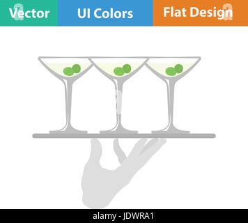 Kellner-Hand mit Tablett mit Martini-Gläser-Symbol. Flache Farbgestaltung. Vektor-Illustration. Stock Vektor