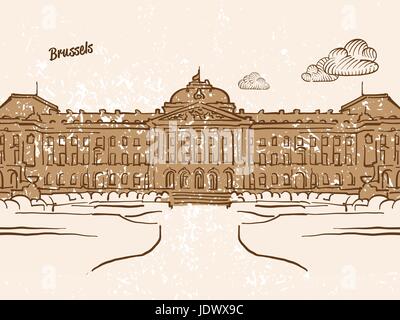 Brüssel, Belgien, Grußkarte, Hand gezeichnete Bild, berühmten europäischen Hauptstadt, Vintage-Stil, Vektor-Illustration Stock Vektor