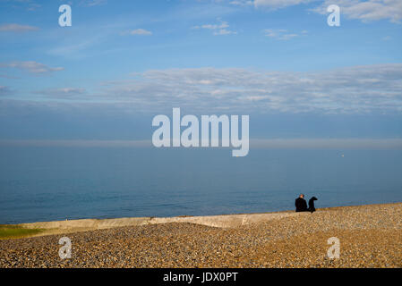 Mensch und Hund am leeren Strand, Hove, UK Stockfoto