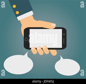 Vektor-Illustration von Smartphone in Menschenhand mit zwei Sprechblasen Stock Vektor