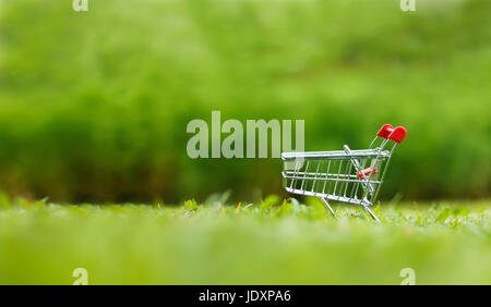 Nahaufnahme Schuss von Einkaufswagen über Natur grünen Hintergrund geringe Schärfentiefe mit Textfreiraum Stockfoto