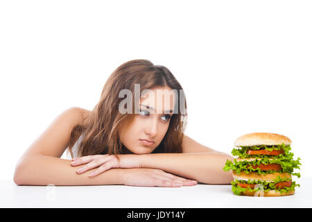 Bild von gesunden Frau Ablehnung Junk-Food isoliert auf weißem Hintergrund Stockfoto