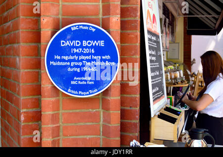 Maidstone, Kent, England. Blaue Plakette gewidmet David Bowie in der Royal Star Arcade, ehemals Royal Star Hotel. Er spielte im Hotel... Stockfoto