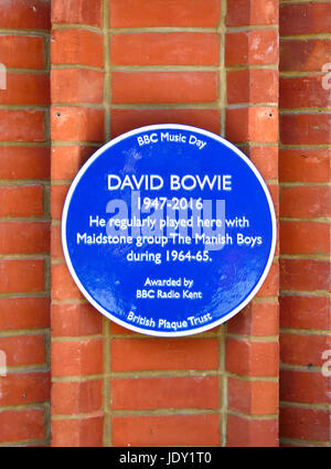 Maidstone, Kent, England. Blaue Plakette gewidmet David Bowie in der Royal Star Arcade, ehemals Royal Star Hotel. Er spielte im Hotel... Stockfoto