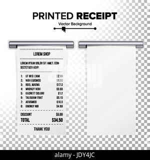 Gedruckte Quittung Vektor. Vertrieb Einkauf realistische Papier Bill ATM Mockup. Cafe, Einkaufen oder Restaurant Papier Finanzcheck. Realistische Darstellung. TR Stock Vektor