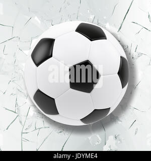 Sport Bild mit Fußball im gerissenen Glaswand. Gebrochene Glaswand, 3D-Rendering Stockfoto