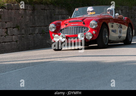 GOLA DEL FURLO, Italien - 19. Mai: Austin Healey 100/6 1957 auf einem alten Rennwagen Rallye Mille Miglia 2017 die berühmte italienische historische Rennen (1927-1957 Stockfoto