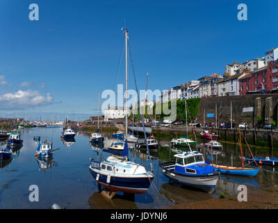 Der malerische Hafen mit seinen Booten in Brixham, Torbay, Devon, England, Großbritannien Stockfoto