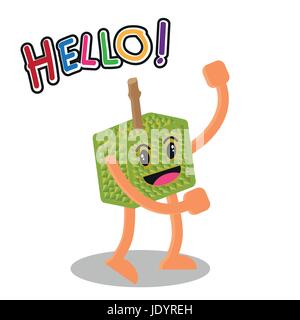 Lächelnd Durian Frucht Cartoon Maskottchen, Obst glücklich isoliert auf weißen Hintergrund mit Text Hallo, Vektor-Illustration. Stock Vektor