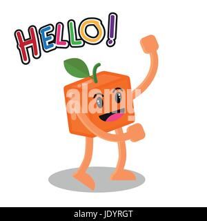 Lächelnde Orange Frucht Cartoon Maskottchen, Obst glücklich isoliert auf weißen Hintergrund mit Text Hallo, Vektor-Illustration. Stock Vektor