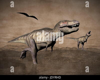 Zwei Tyrannosaurus Rex Dinosaurier mit Pteranodon Vögel fliegen auf einem Landschaft wandern, Vintage-Stil - 3D render Stockfoto