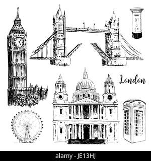 Architektursymbole London: St. Paul Cathedral, Tower Bridge, London Eye und Big Ben. Wunderschöne handgezeichnete Skizze Vektorgrafik. Für Drucke t Stock Vektor