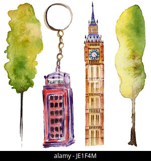 Aquarell London Abbildung. Great Britain hand gezeichnete Symbole. Big Ben. Stockfoto
