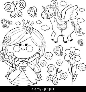 Wunderschöne Märchenprinzessin mit Frühlingsblumen, Einhorn und Schmetterlingen. Kinder märchenhaftes süßes Prinzessinnen-Set. Vektor-Schwarzweiß-Farbseite Stock Vektor