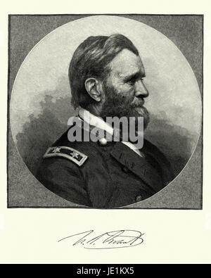 Vintage Gravur von Ulysses S. Grant der 18. Präsident der USA (1869 – 77). Als Kommandierender General (1864 – 69) arbeitete Grant eng mit Präsident Abraham Lincoln, der Unions-Armee zum Sieg über die Konföderation im amerikanischen Bürgerkrieg zu führen. Stockfoto