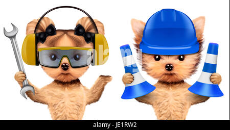 Lustige Hunde mit Schraubenschlüssel und Kegel isoliert auf weißem Hintergrund. Konstruktor und Handwerker-Konzept. 3D illustration Stockfoto