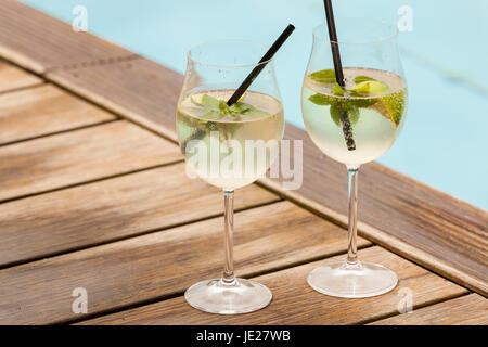 Hugo-Mit Frischer Minze Limette Und Sekt in Einem Weinglaß Im Sommer am Wasser Stockfoto