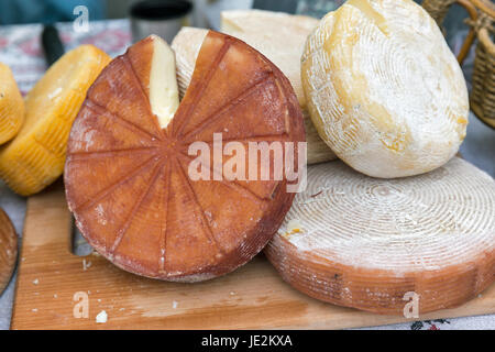 Verschiedene Käse im Rudel und in der Masse an Markt-Zähler Stockfoto