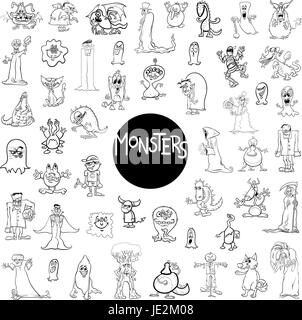 Schwarz / Weiß Cartoon Illustration von Monster Fantasy Charaktere Riesen Set Stock Vektor