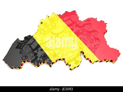 Abbildung 3D Karte von Belgien mit Flagge und Wappen Stockfoto