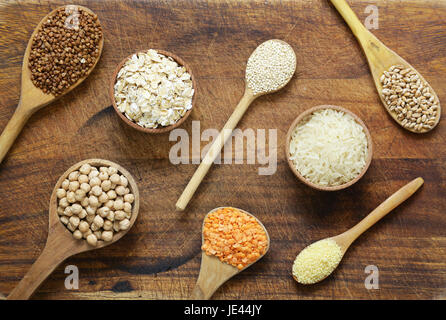 Verschiedene Arten von Getreide in hölzerne Löffel - Kichererbsen, Reis, Quinoa, Buchweizen, Linsen Stockfoto