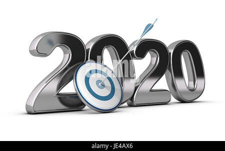 2020 Jahr nämlich zwei tausend zwanzig auf Ziel und ein Pfeil trifft das Zentrum. Konzeptbild auf weißem Hintergrund zur Veranschaulichung der langfristigen Ziele Stockfoto