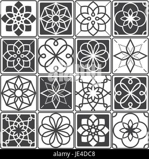Portugiesischen Azulejo-Fliesen Design, nahtlose geometrische Muster-Kollektion in dunkelgrau Stock Vektor