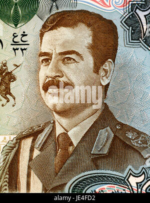 Saddam Hussein (1937-2006) auf 25 Dinar 1986 Banknote aus dem Irak. Fünfte Präsident des Irak während 1979-2003. Stockfoto
