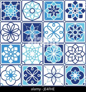 Portugiesischen Azulejo-Fliesen Design, nahtlose geometrische Muster-Kollektion in blau und Türkis Stock Vektor