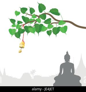 Buddha-Statue und Bodhi-Baum mit goldenen Glocke thailändischer Tradition, Visakha Puja Tag, Vektor-Illustration. Stock Vektor