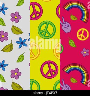Satz von 3 Musterdesigns mit Hippie-Designs. Muster im Hippie-Stil. Stock Vektor