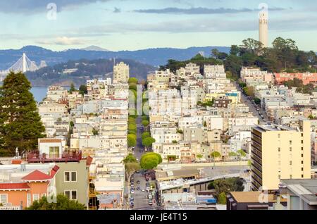 Coit Tower, aka der Lillian Coit Memorial Tower auf dem Telegraph Hill Viertel von San Francisco, California, Vereinigte Staaten von Amerika. Ein Blick auf die Flutted weißen Turm von Lombard Street. Stockfoto