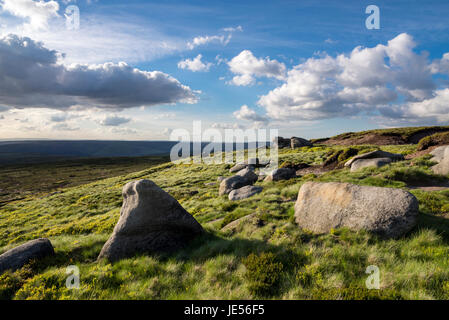 Regal Steinen auf Bleaklow, einer Fläche von Moorlandschaft in der Nähe von Glossop in Dark Peak, Derbyshire, England. Stockfoto