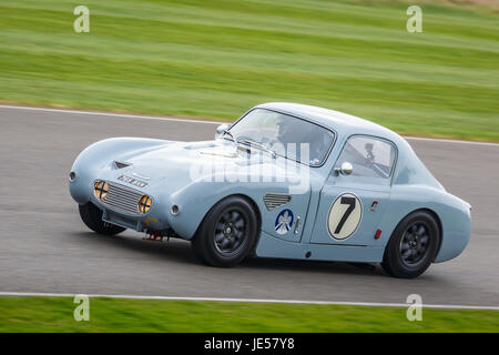 1960 Austin Healey Sebring Sprite mit Fahrer Will Cory Jr Goodwood GRRC 75. Mitgliederversammlung, Sussex, UK. Stockfoto