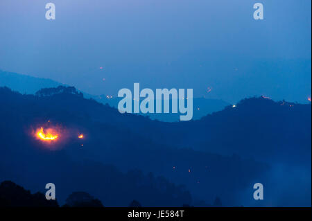 Feuer auf den Wald in der Nähe von Tulla Kote, einem abgelegenen Dorf in der Gegend von Tallas des, berühmt durch Jim Corbett in seinem Buch Maneaters of Kumaon, Indien Stockfoto