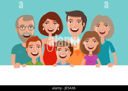 Glückliche, fröhliche Familie, Banner. Menschen, Kinder und Eltern Konzept. Cartoon-Vektor-illustration Stock Vektor