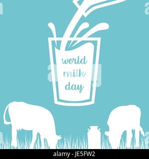 Weltmilchtag Kuh, Milch gießen aus einer Flasche aus Glas, Silhouetten auf blauem Hintergrund. Konzeptidee für Tagebuch, Rinderfarm. Für Tag, Logo, Banner ein Stock Vektor
