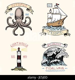 gravierte Vintage-Set, von hand gezeichnet, alt, Etiketten oder Abzeichen für atlantic Tidal Wave, Leuchtturm und Tintenfisch oder Meer Kreatur, Fregatte oder Schiff. Marine und nautischen oder Meer, Ozean-Embleme. Stock Vektor