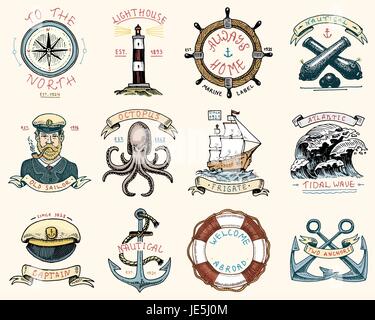 gravierte Vintage-Set, von hand gezeichnet, alt, Etiketten oder Abzeichen für atlantic Tidal Wave, Leuchtturm und Tintenfisch oder Meer Kreatur, Fregatte oder Schiff. Marine und nautischen oder Meer, Ozean-Embleme. Stock Vektor