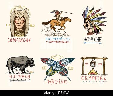 Satz von gravierten Jahrgang, hand gezeichnet, alt, Etiketten oder Abzeichen für indische oder Indianer. Büffel, Gesicht mit Federn, Reiter, Apache oder Comanche, Lagerfeuer und authentisch. Stock Vektor