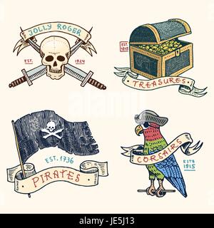 Reihe von gravierten, Hand gezeichnet, alt, Etiketten oder Abzeichen für Korsaren, Schädel am Anker, schätze, Flagge, karibische Papagei. Jolly Roger. Piraten, marine und nautischen oder Meer, Ozean-Emblem. Stock Vektor