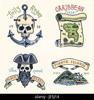 Reihe von gravierten, Hand gezeichnet, alte, ordnen Sie Etiketten oder Abzeichen für Korsaren, Schädel vor Anker, Schatz, schwarzen Bart, Karibik-Insel. Jolly Roger. Piraten, marine und nautischen oder Meer, Ozean-Emblem. Stock Vektor